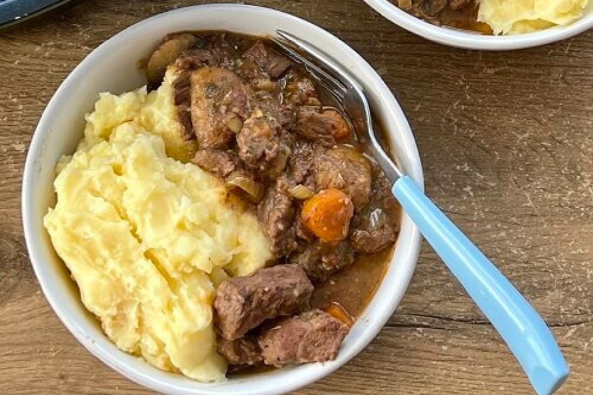 Slow Cooker Beef Bourguignon served in a bowl.